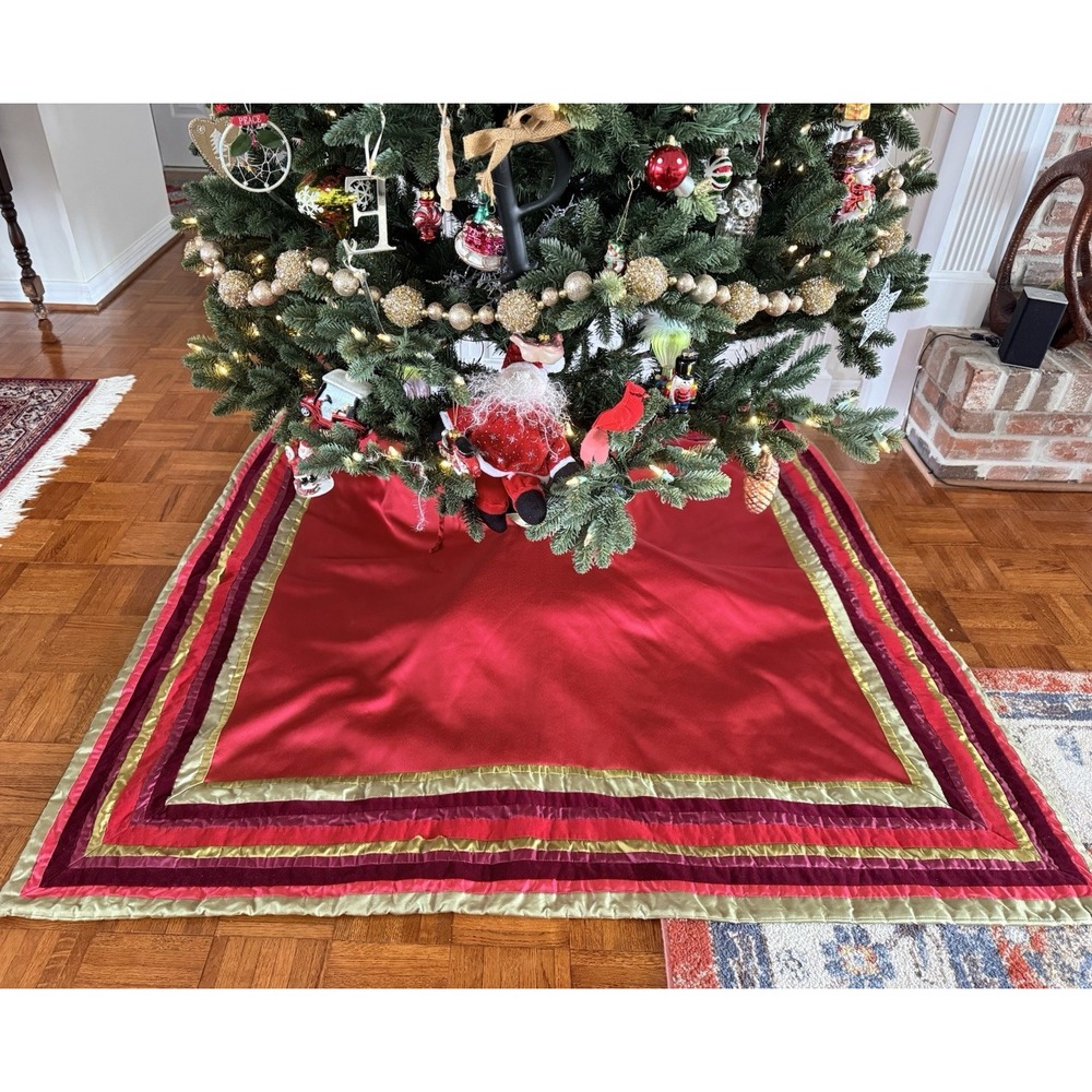 Square XL Christmas Tree Skirt 59" Red Satin W Stripped Border Green Satin Side